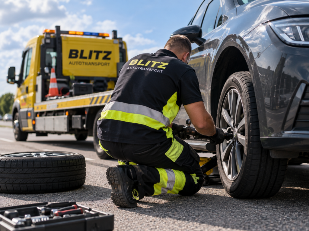 Mitarbeiter von Blitz Autotransport beim Reifenwechsel an einem Pkw